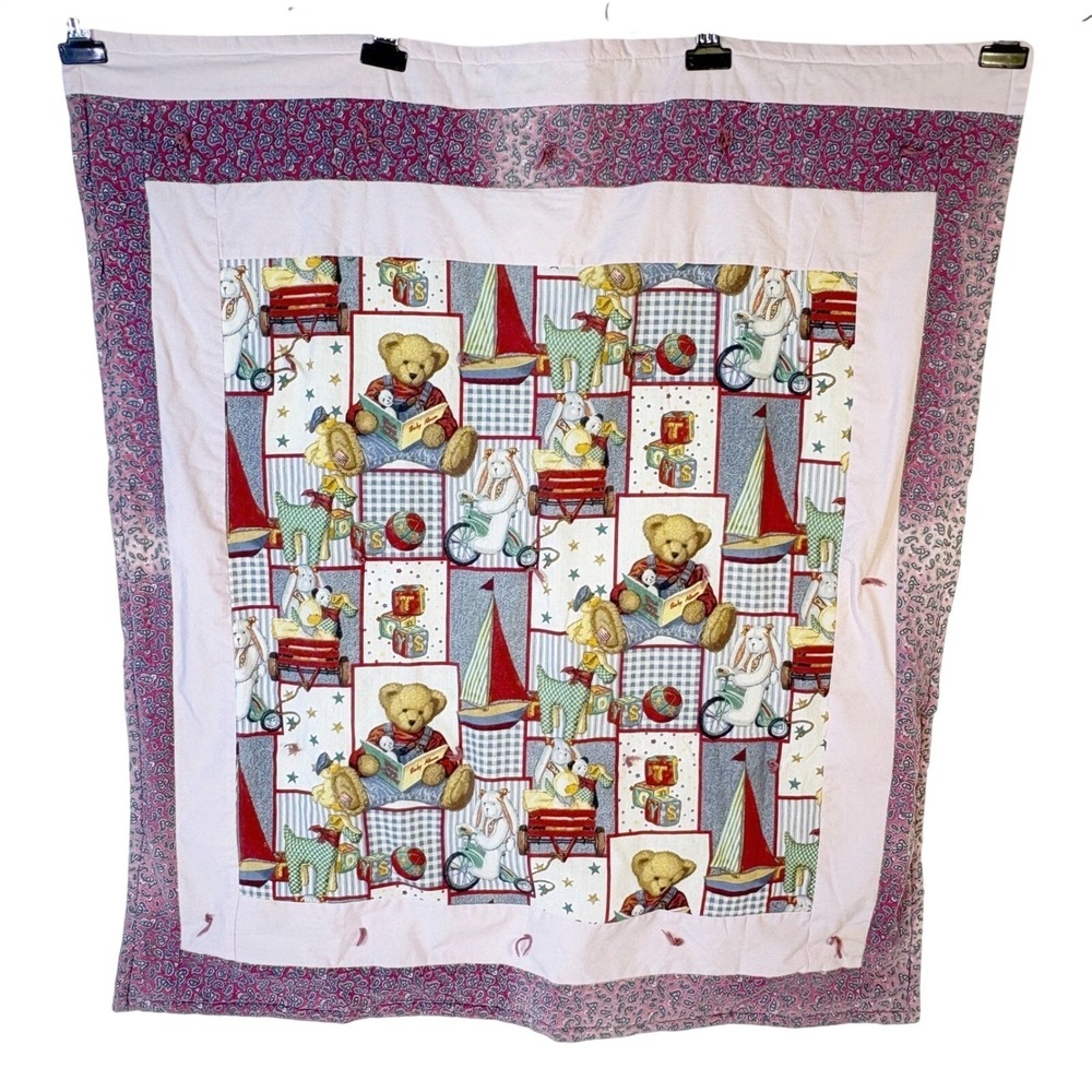 Baby Quilt Blue Jean Teddy Bear Blanket 32x35 Pink Blue Bunny Paisley Patchwork
